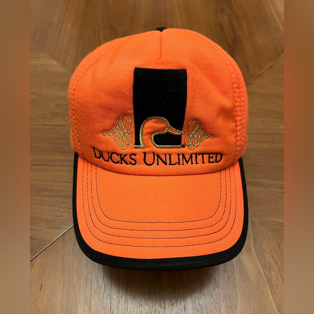 VINTAGE 80s Ducks Unlimited Orange TRUCKER HAT